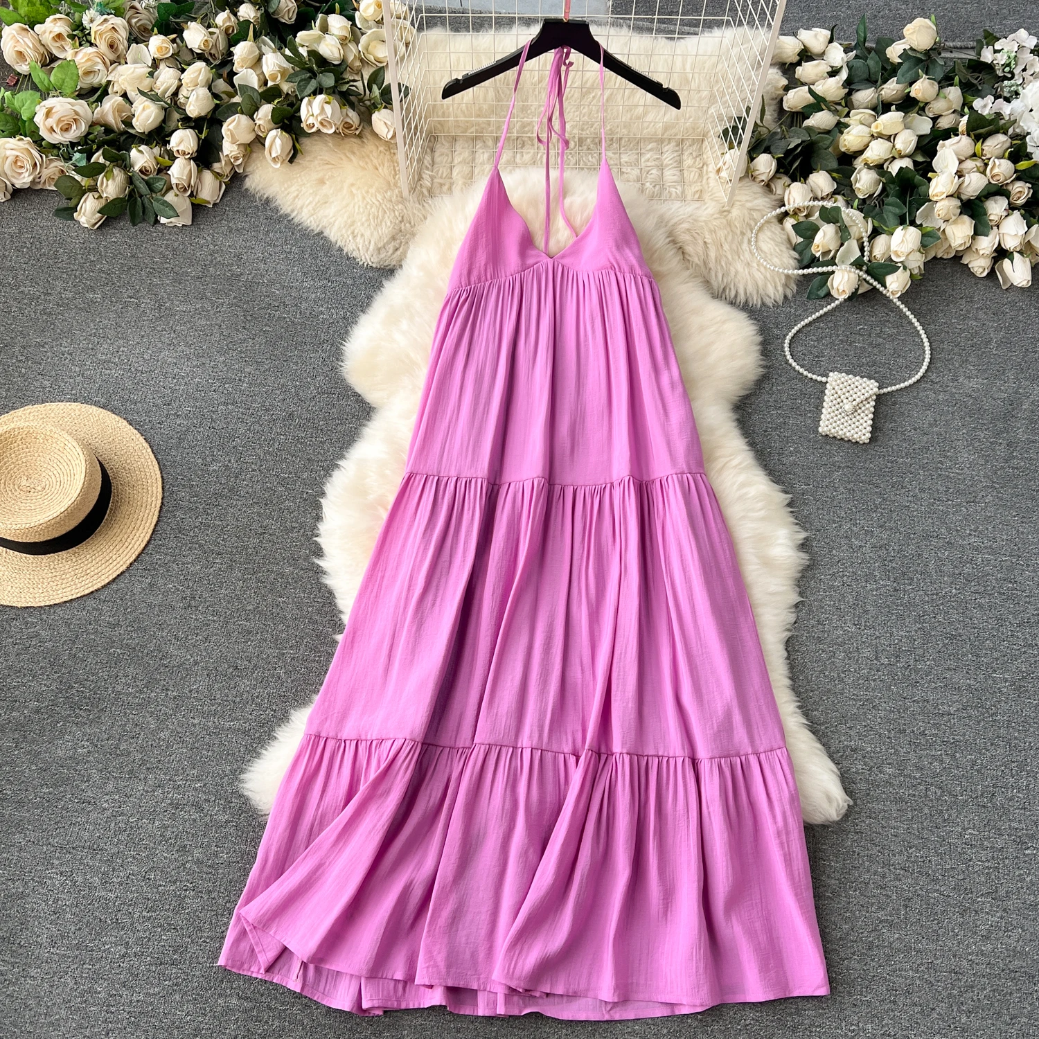 

Clothland Women Sexy Backless Dress Lace Up Halter Sleeveless A Line One Piece Lilac Female Beach Wear Midi Dresses Mujer QD360