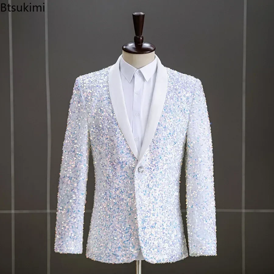 Men's Sequins Suit Jacket White Green Stage Performance Host Wedding Party Male Blazer Single Button Fashion Man Suit Coats