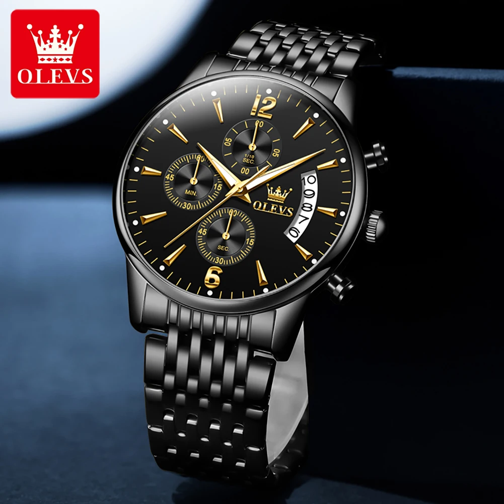 OLEVS Fashion Mens Watches Top Brand Luxury Stainless Steel Waterproof Sport Chronograph Quartz Watch for Men Relogio Masculino