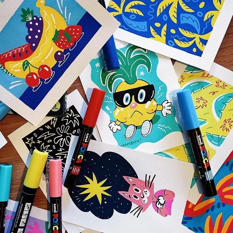 Uni Posca 페인트 마커 세트, 아크릴 수성, 모든 표면 페인팅 펜, PC-1, 3, 5, 8K, 17K 컬러링 아티스트 공예 드로잉 도구