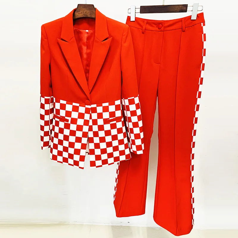 2022 Spring Autumn OL Suits Fashion Women's Plaid Patchwork Blazers Jackets + Flare Pants Two Piece Set F185  tesco fashion plaid women s blazers