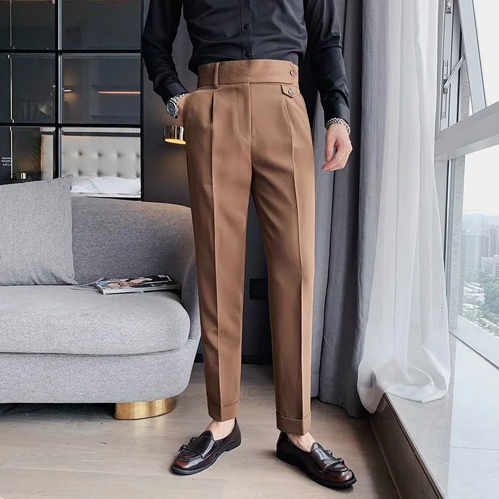 Spring Summer Suit Pants Men's Straight Naples Ruffian Handsome High Waist Small Trousers British Style Slim Trousers Gentleman