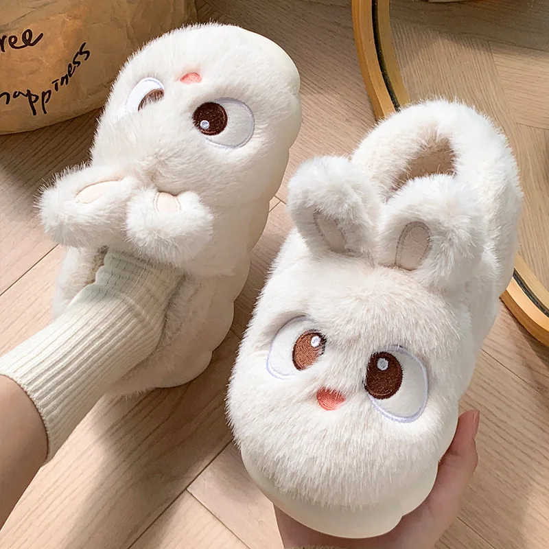 New Women's Fluffy Cartoon Rabbit Cotton Slippers for Winter Indoor Bedroom Slides Kawaii Bunny Ear House Memory Foam Slippers 6