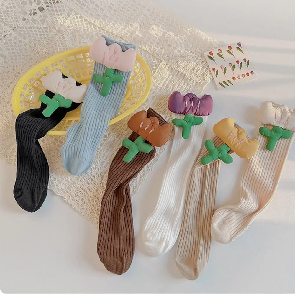 

Comfortable Soft Flower Solid Color Spring Preppy Style Girls Calf Socks Pile Sock Cotton Hosiery Korean Style Stocking