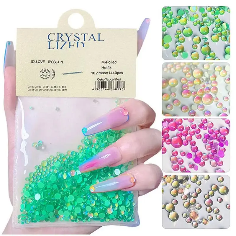1440pcs 라인 석 Strass 거울 돌 물 블링 디자인 장식 크리스탈 비즈 라운드 드롭 무지개 빛깔의 네일 아트 매력