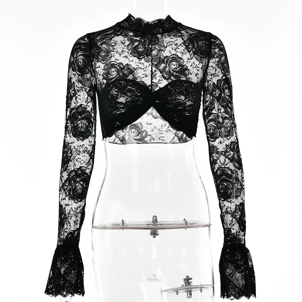 Spicy Girl Off Waist Tops Flower Perspective Shirt Sexy Slim Fit Tops Open Navel Shirts Flare Sleeves Blouse for Lady Streetwear