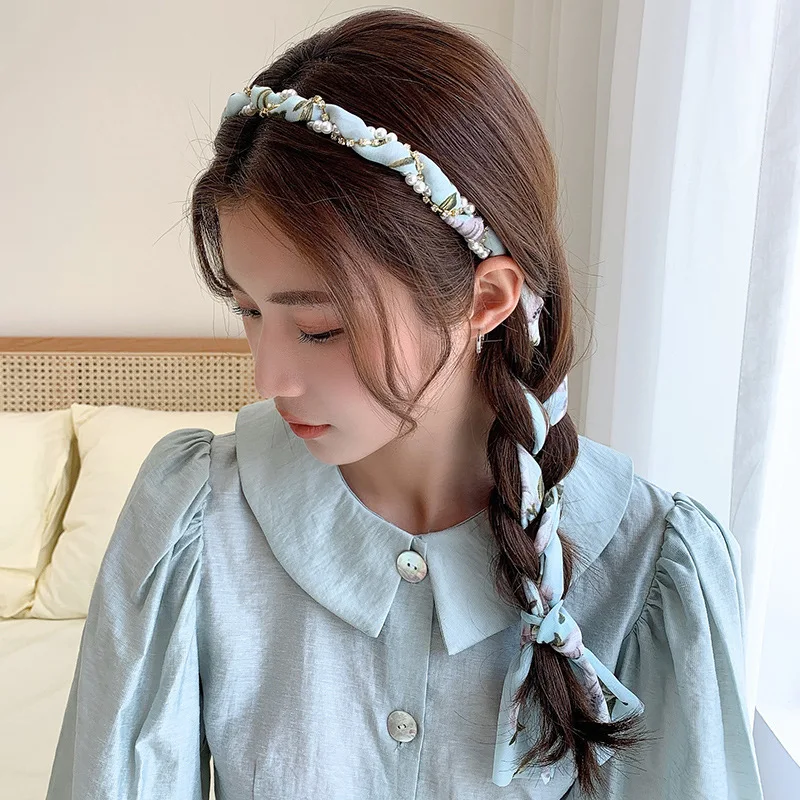 Elegant Pearl Hair Bands for Woman Fashion Long Ribbon Bow Girls Head Bands Pearl Braid Headbands Women Accessories scrunchie