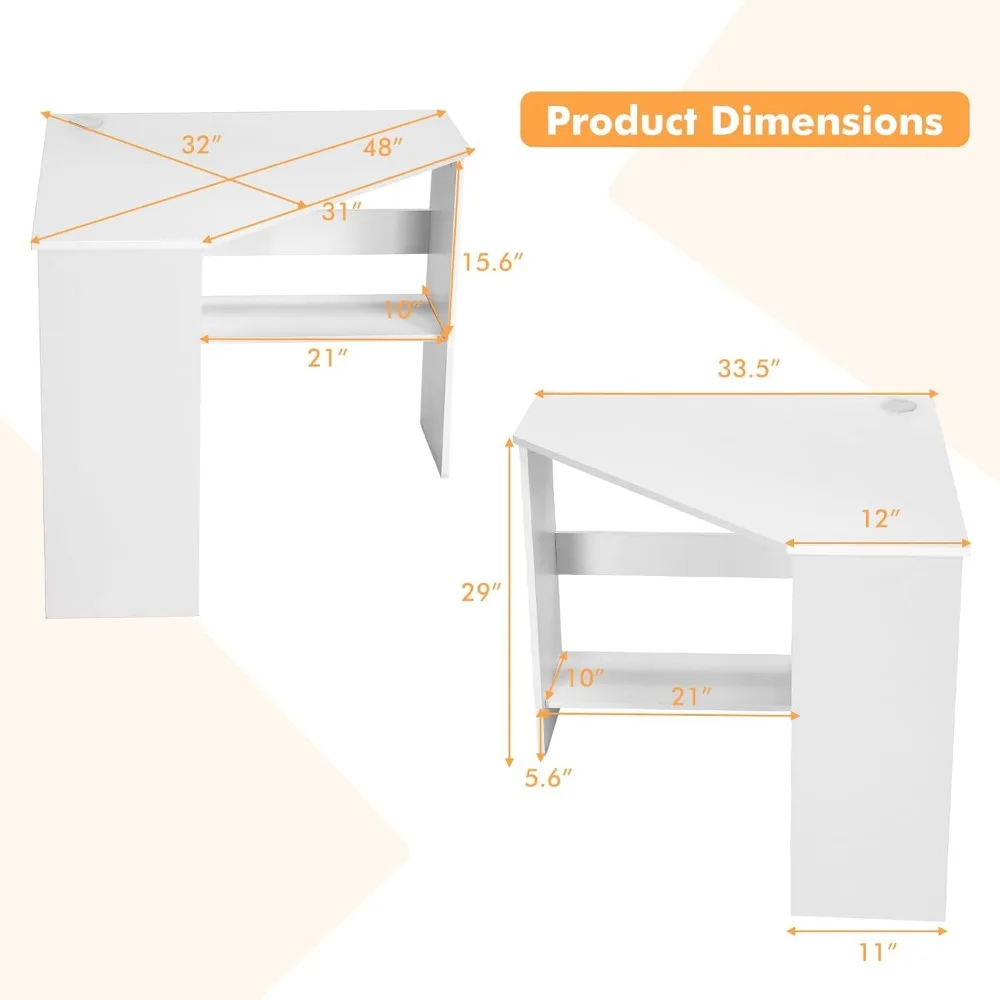 Corner Computer Desk, Space-Saving Triangular Writing Desk w/ 2 Storage Shelves & 2 Cable Holes, Multi-Functional Consol 3