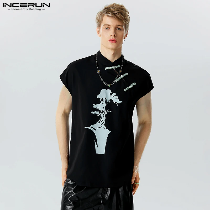 

Handsome Well Fitting Tops INCERUN Men Knot Button Dragon Printing Middle Blouse Casual Hot Selling Male Sleeveless Shirts S-5XL
