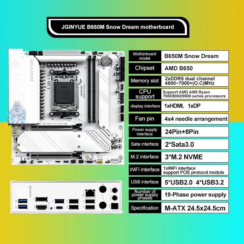 JGINYUE B650M Snow Dream AM5 DDR5 ARGB M-ATX Motherboard For