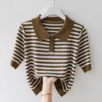 Fashion Women Short Sleeve Striped Knitted Polo Shirts Spring Summer All-match Tees Female Clothing New Pullover Bottoming Tops - Image 3