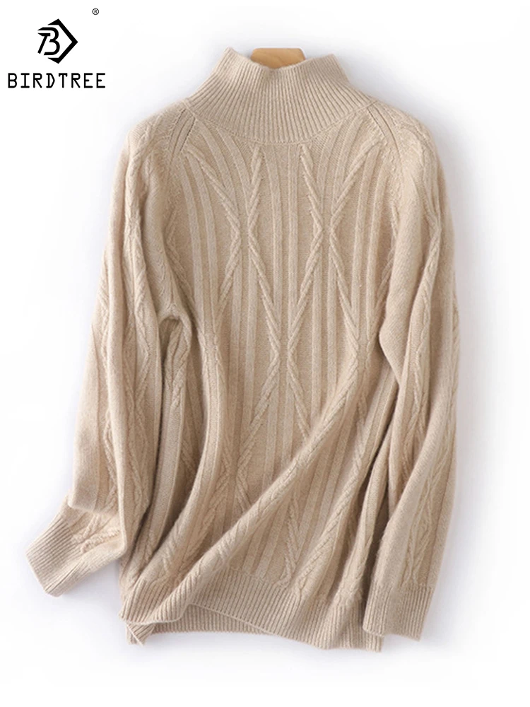 

BirdTree 70%Wool 30%Cashmere Pullover,Women Half-High Neck Solid,Loose Versatile Soft Commute Knitwear,2024 Spring New T41033QD