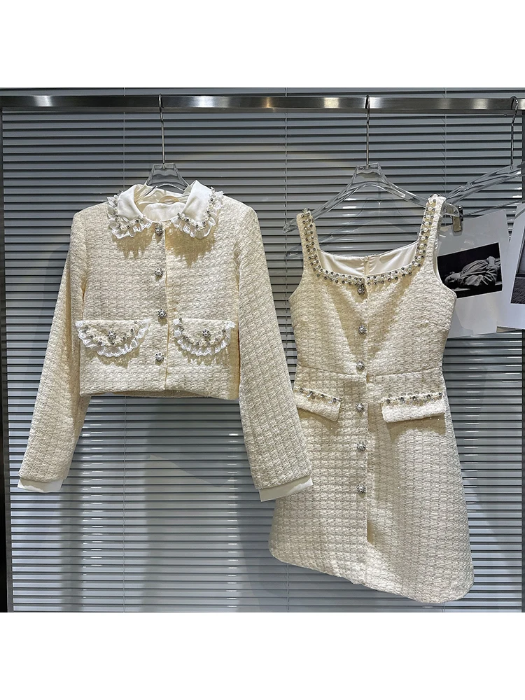 

HIGH STREET Newest Fashion Runway 2023 Suit Set Women's Pearl Edge Short Jacket Tweed Dress Set