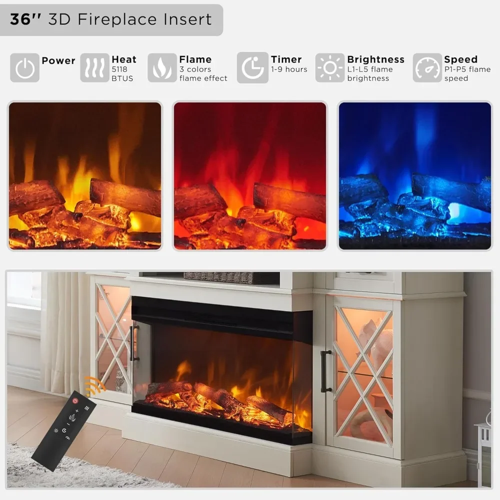 Farmhouse Electric Fireplace TV Stand for TVs up to, Highboy Entertainment Center with Glass Door Storage Cabinet 2