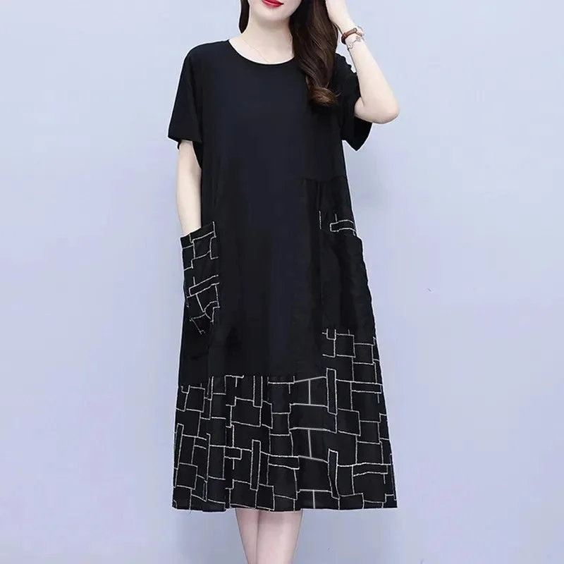 

Fashion O-Neck Spliced Loose Pockets Printed Midi Dress Women's Clothing 2023 Summer New Oversized Asymmetrical Casual Dresses