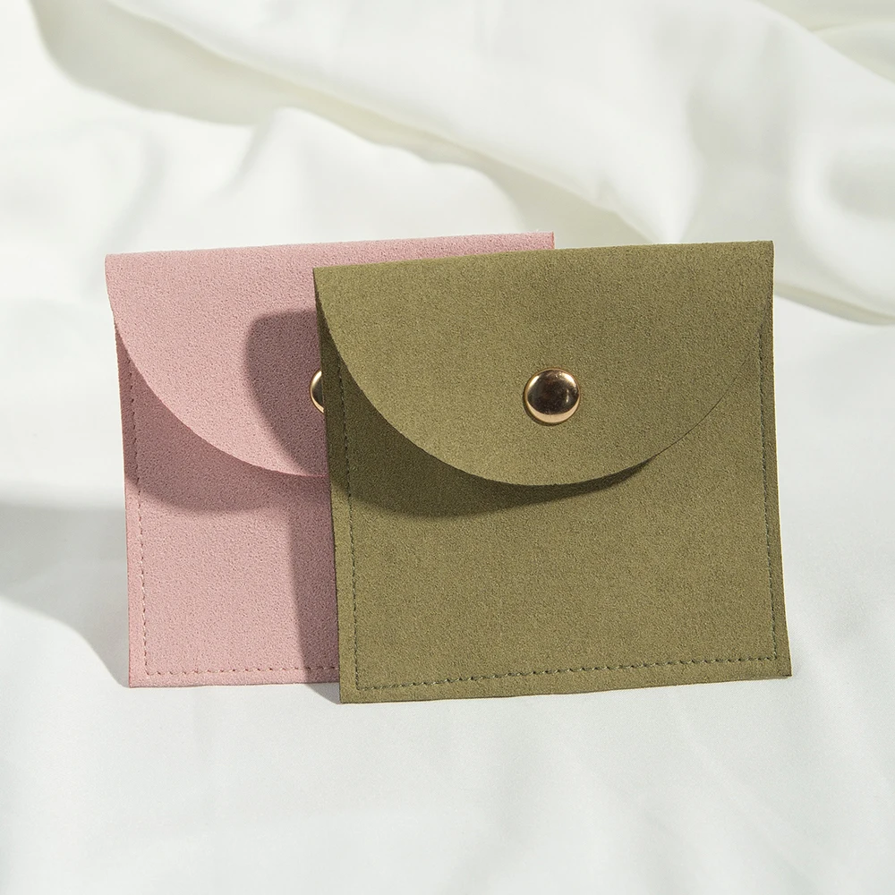 100pcs 8x8cm Suede Microfiber Pouches with Snap Button for Jewelry Ring Earrings Brooch Bracelet Envelope Packaging Bags Custom