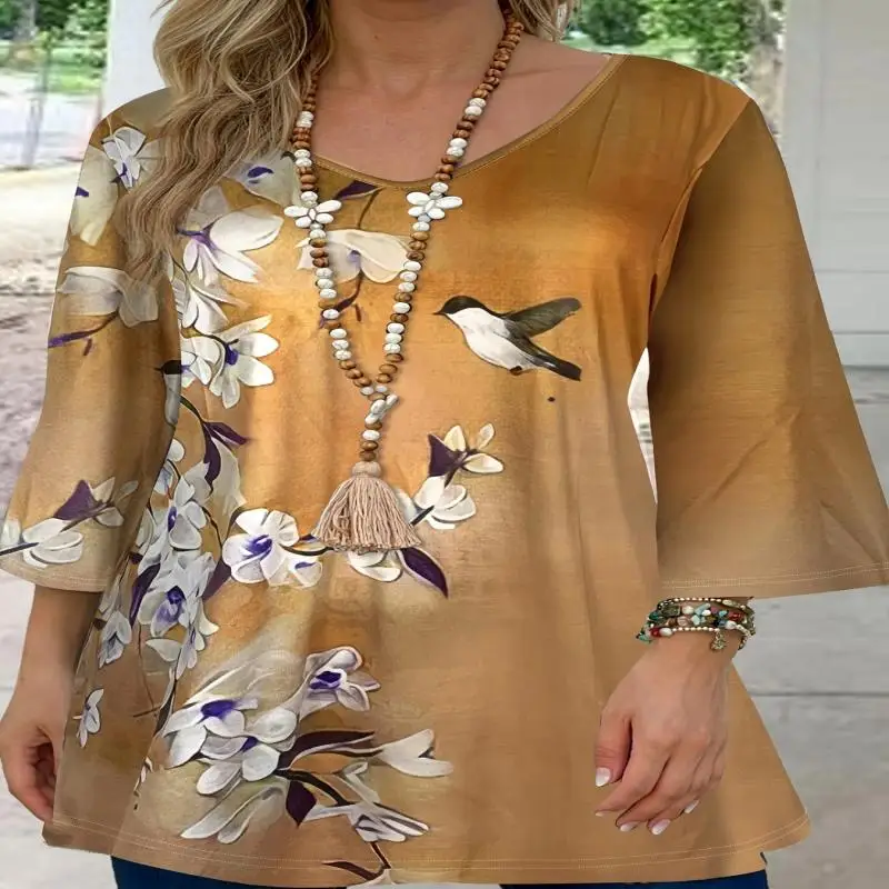 

Plus Size Casual T-shirt, Women's Plus Floral Print 3/4 Sleeve Round Neck Slight Stretch T-shirt