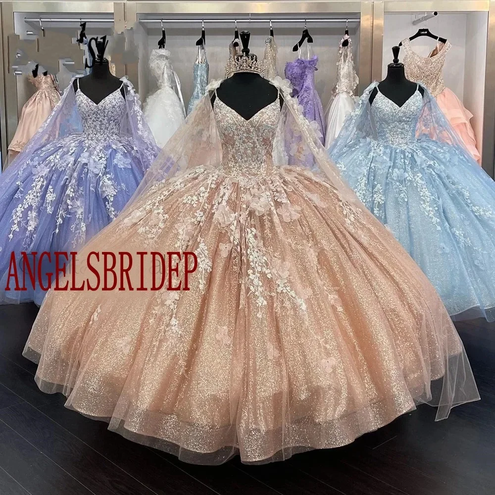 

Блестящие Розовые золотые платья принцессы Quinceanera с накидкой 15 вечерние 3D Цветочные Кружева Бисероплетение официальное Золушка 16-е бальное платье