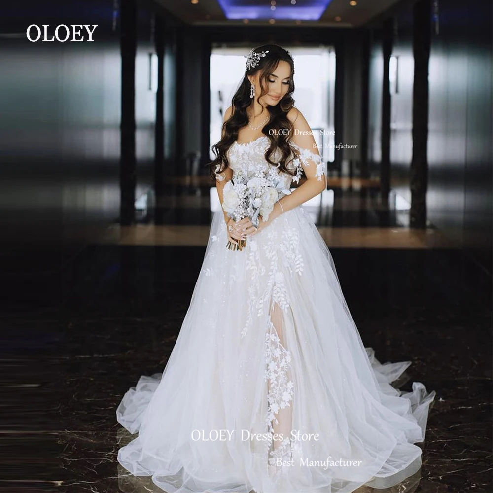 

OLOEY Elegant Boho A Line Lace Applique Wedding Dresses Dubai Arabic Women Tulle Split Country bridal Gowns Robe de mariage