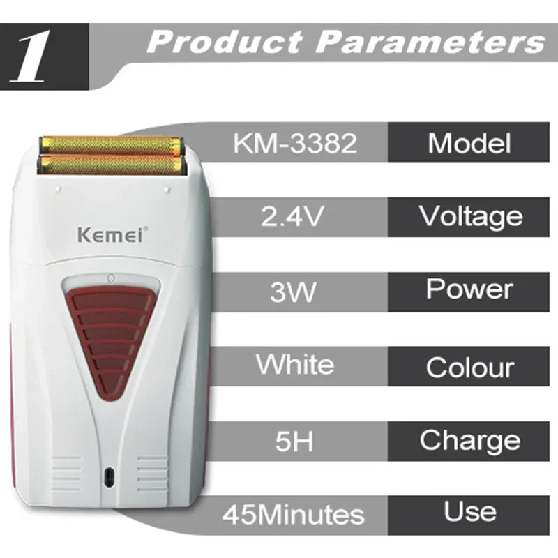 Kemei 3382 Rechargeable Electric Shaver Hair Beard Electric Razor for Men Bald Head Shaving Machine Foil Titanium Cord/Cordless