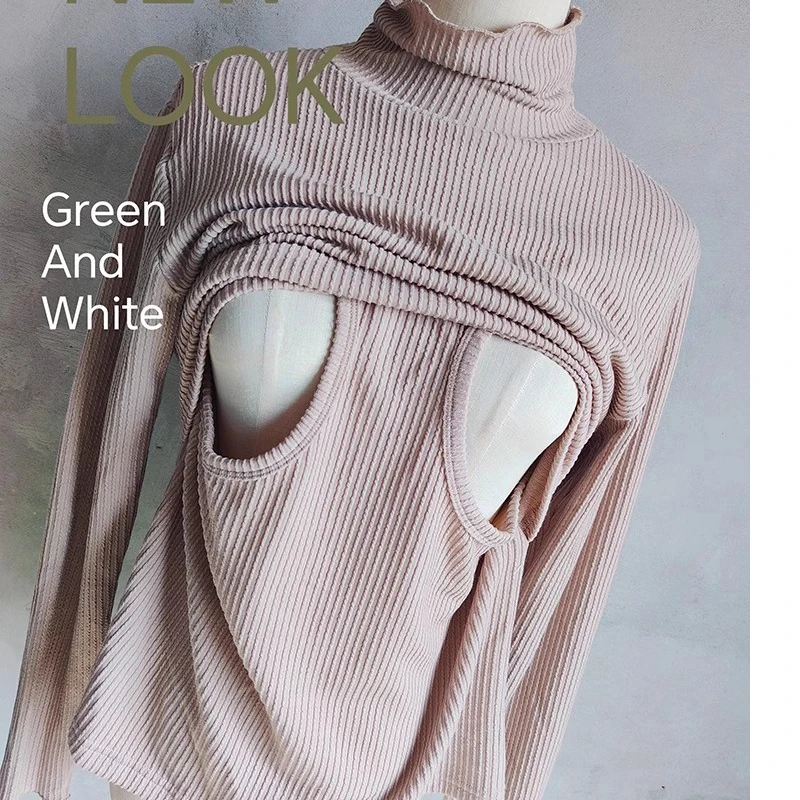 Solid Color Mandartin Collor Acetate Pregnant Women Long Sleeve Feeding T-shirt 9270