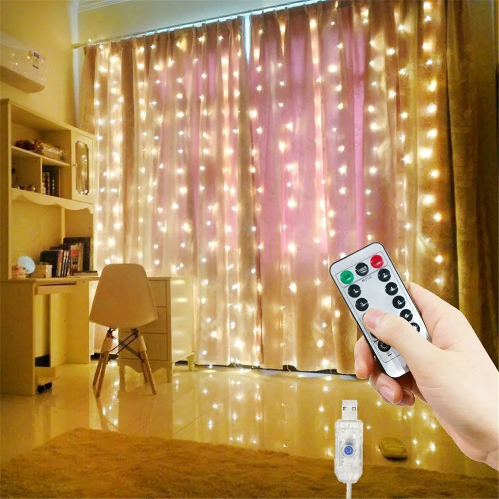 Description Picture 3 of item1pc USB Curtain Lights 8 Modes LED Curtain Fairy Lights with Remote Christmas Decorations for Home Wedding Decor New Year 2025