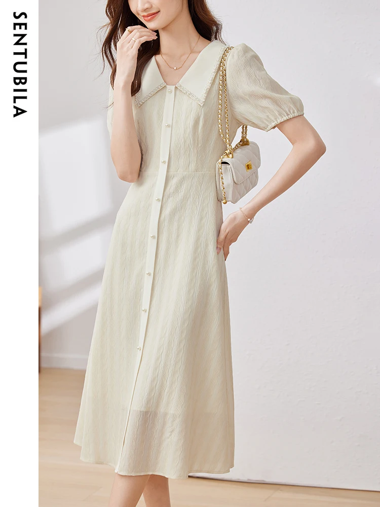 

Sentubila Chic and Elegant Woman Summer Dress Ladies 2023 Turn Down Collar A Line Short Puff Sleeve Smocked Swing Long Dresses