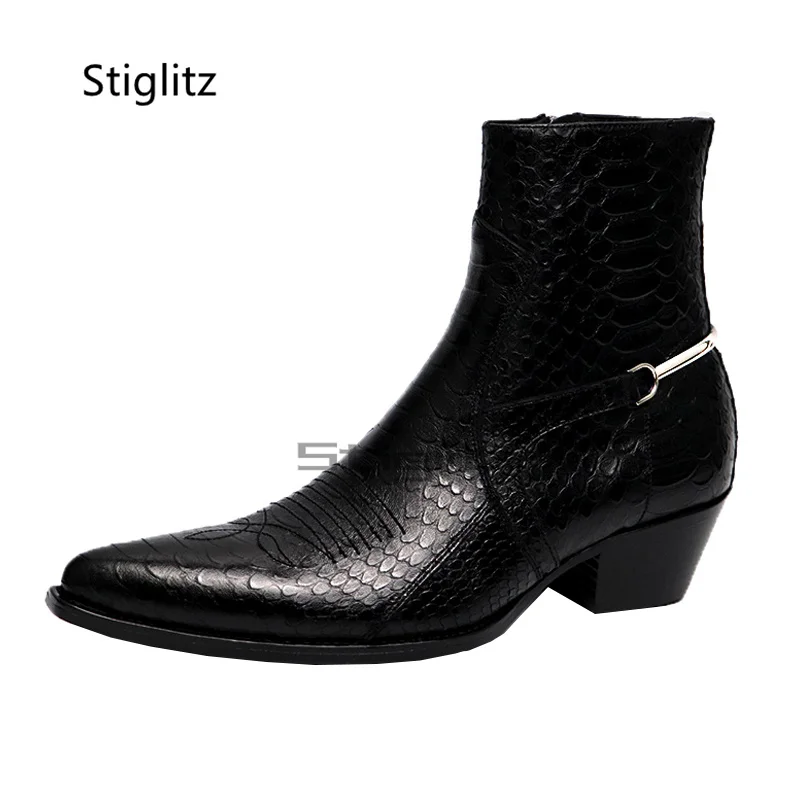 Genuine Leather Embroidery Men's Boots Pointy Chelsea Boots Snakeskin Metal Decor Chunky Heeled Ankle Boots Party Male Shoes