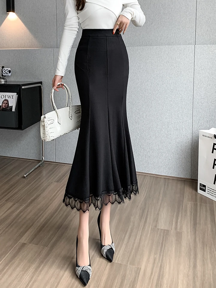 Elegant Black Lace Skirts Women 2024 Fashion Solid Office Lady