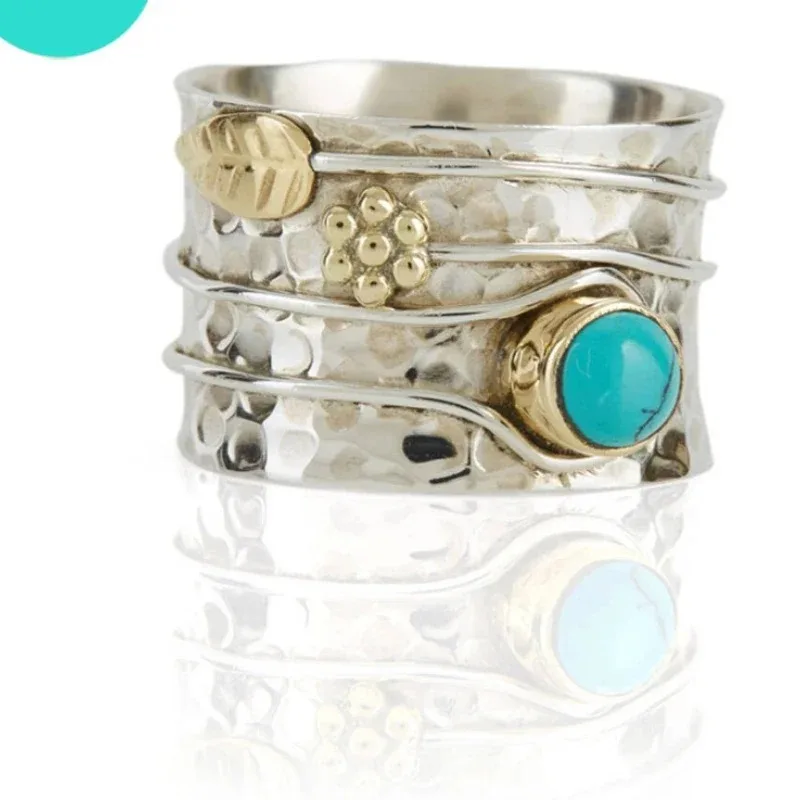 Retro Turquoise Moonstone Plated Men's and Women's Ring Vintage Bohemia Finger Rings Jewelry Accessories Женская Бижутерия Тренд