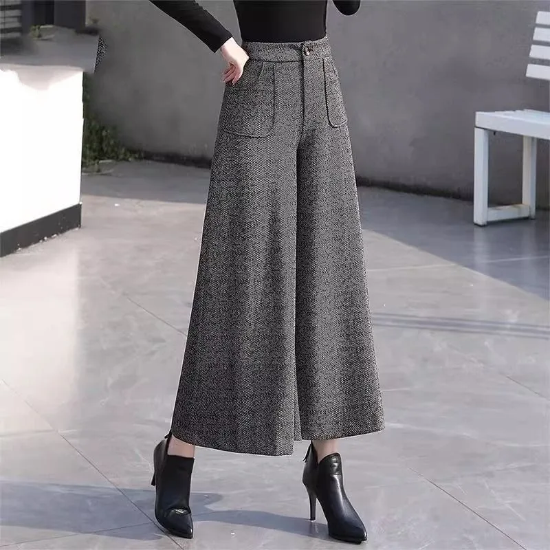 Women's Autumn and Winter Fashion High Waisted Button Zipper Solid Color Patchwork Straight Wide Leg Elastic Pocket Loose Pants