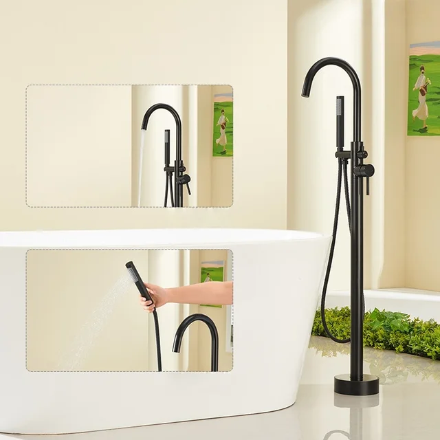 ก๊อกน้ำอ่างอาบน้ำแบบตั้งพื้น แบบก้านโยกเดี่ยว ผสมน้ำร้อนน้ำเย็น หัวก๊อกหมุนได้ 360 องศา พร้อมฝักบัวอาบน้ำ 1