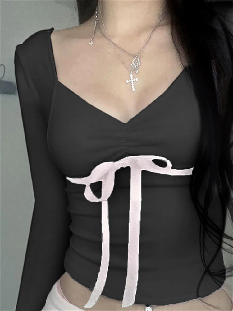 

Kawaii Crop Tops Women Sexy Long Sleeve T Shirt Female Y2K Slim Patchwork V Neck T Shirt Spring Casual Tees Roupas Feminina
