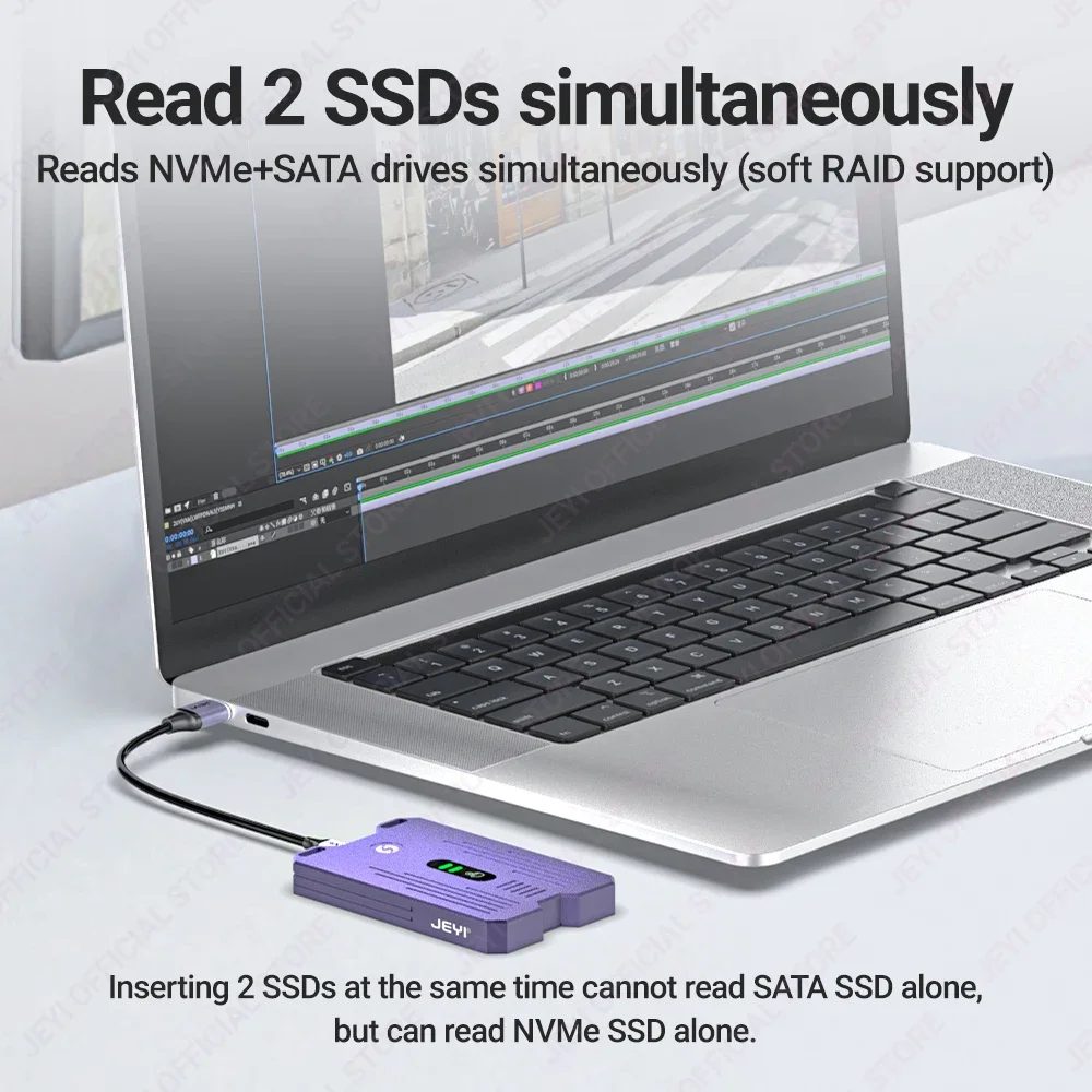 JEYI Dual Protocols SSD Enclosure (NVMe + SATA) JMS581 Chip USB 3.1 Gen2 10G Dual Bay M.2 NVMe NGFF Smart Touch Enclosure Case