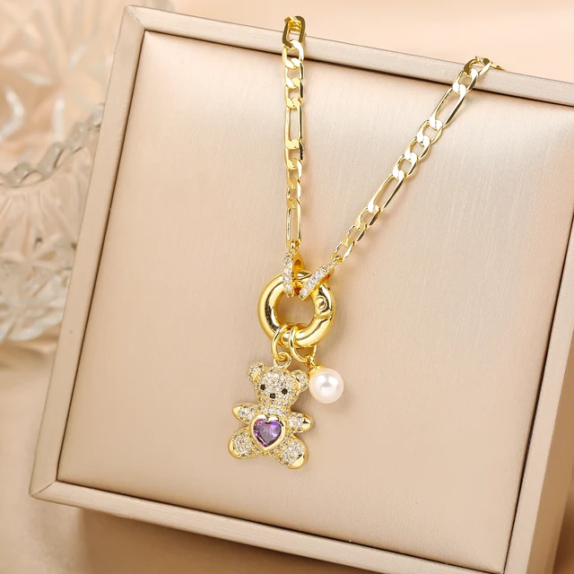 Haute qualité brillant cristal zircone Animal mignon ours pendentif collier ras du cou pour femme fille vacances serrure os chaîne bijoux cadeau
