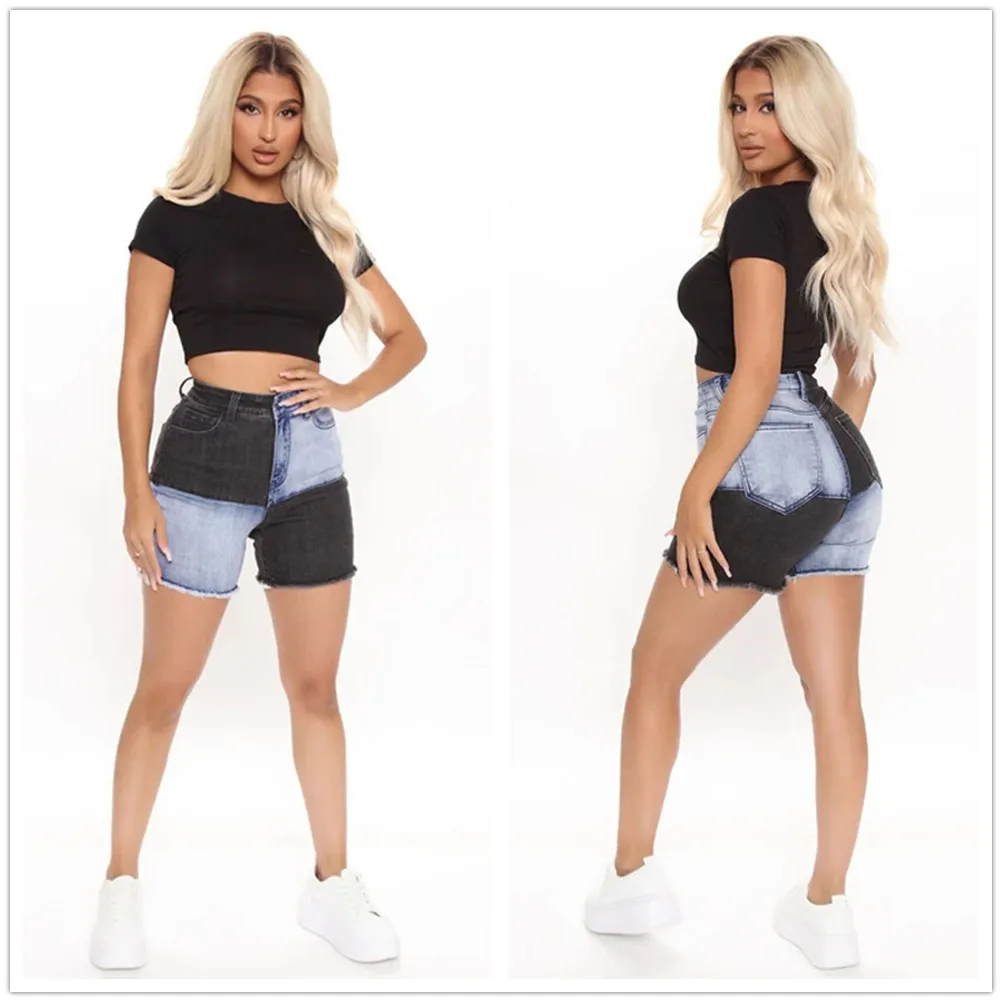 

2022 Summer New High Waist Black Blue Patchwork Denim Shorts For Women Fashion High Stretch Skinny Slim Jeans Shorts XS-2XL