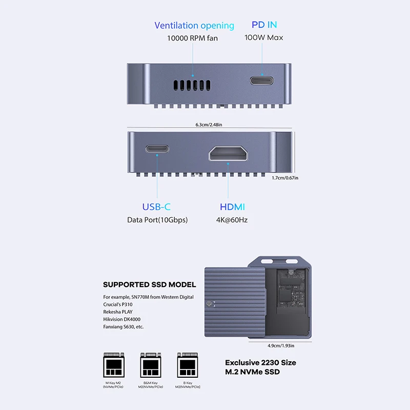 New Patent M.2 NVMe SSD Enclosure USB4 10Gbps 4K 60Hz 100W PD for 2230 SSD ProRes Video Laptop Tablet Phone External Storage