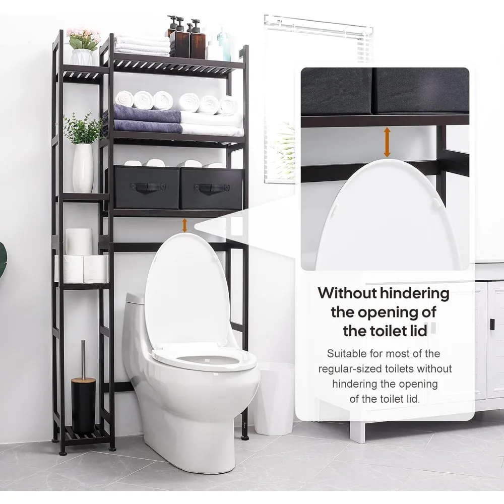Over The Toilet Storage with Basket and Drawer, Bamboo Bathroom Organizer with Adjustable Shelf & Waterproof Feet Pad 4