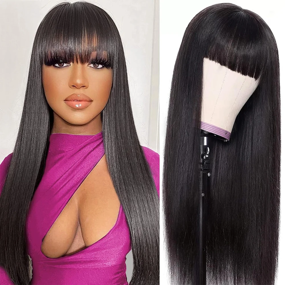 

Straight Human Hair Wig With Bangs Glueless Malaysian Wigs On Sale Cheap Fringe Wig 32 Inch Full Machine Made Wig Natural Color