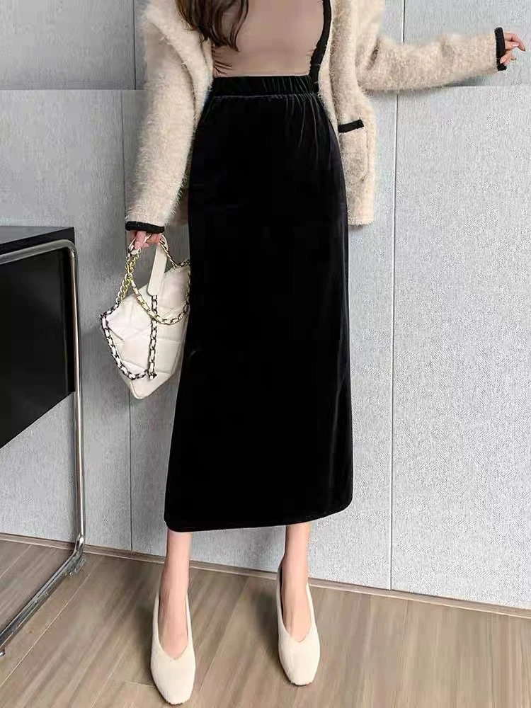 우아한 벨벳 블랙 롱 스커트 여성 가을 ??겨울 하이 웨스트 Faldas 한국어 Fahion 의류 Office Ladies Bodycon 미디 스커트