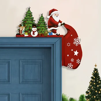 1 pieces of antique wooden Christmas door corner decoration -1 piece of Santa Claus with reindeer and snowman 1