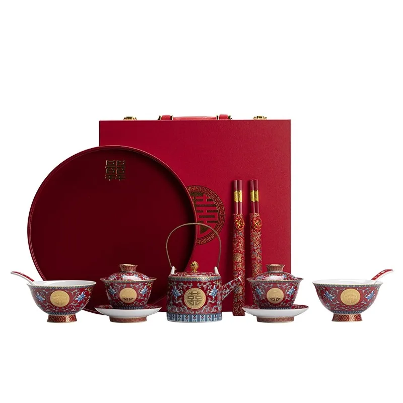 Chinese Wedding Tea Set, Enamel Red Double Happiness Cup, Bride Dowry Gifts, Ceremony Kung Fu Tea Pot, Bridal Bowl Chopsticks