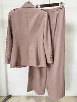 HIGH STREET Newest Fashion Designer Runway Suit Set Women's 3D Flowers Beaded Blazer Wide Leg Pants Set - Image 4