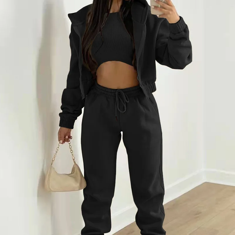 Autumn Winter Women's 3 Piece Sets Casual Long Sleeve Zip Hoodies Tank High Waist Sweatpants Jogger Pant Suits