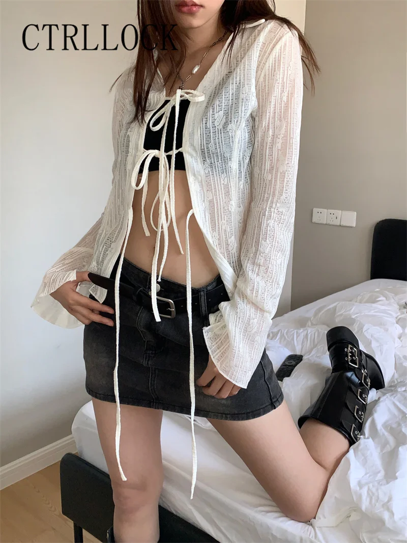 

CTRLLOCK Chic Casual Perspective Women's Long Lace-up Flare Sleeve Blouse Open Stitch