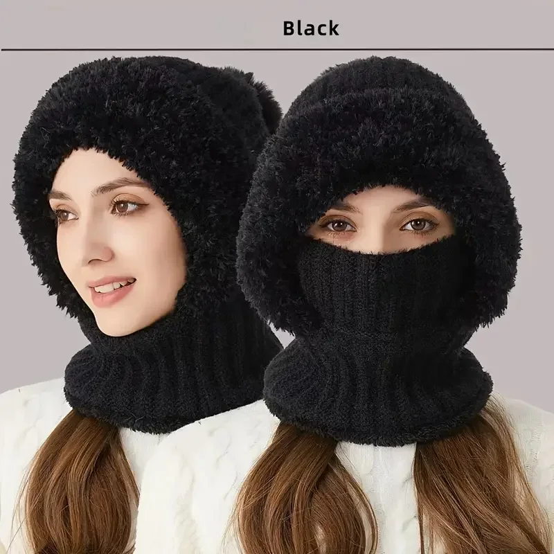 Winter Fleece Lined Knitted Hat with Ear Flaps, Windproof and Warm Hooded Neck Gaiter for Outdoor Cycling 5