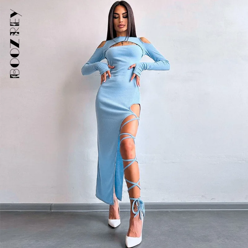 

BoozRey Solid Hollow Out Off Shoulder Long Sleeve Maxi Dresses Women Autumn Sexy Bandage High Side Slit Club Party Dress Outfits