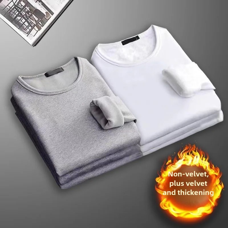 Men's Fleece-Lined Thickened Warm Long Sleeve T-Shirt Casual Style Round Neck Base Layer Top Autumn Winter Season