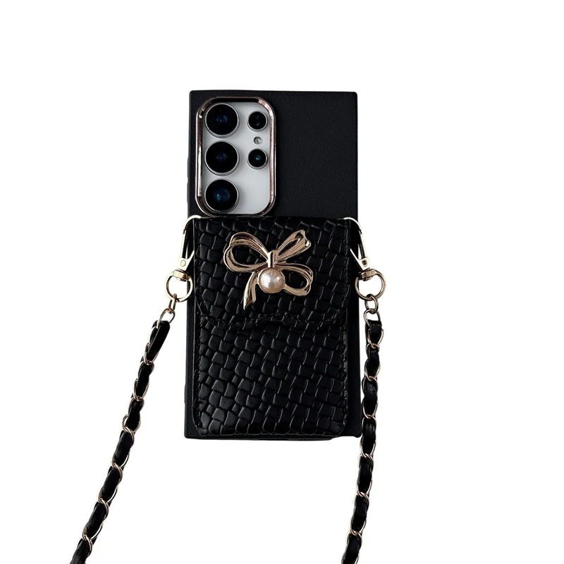 Elegant Chain Lanyard Leather Pearl Wallet Phone Case with Soft Cover