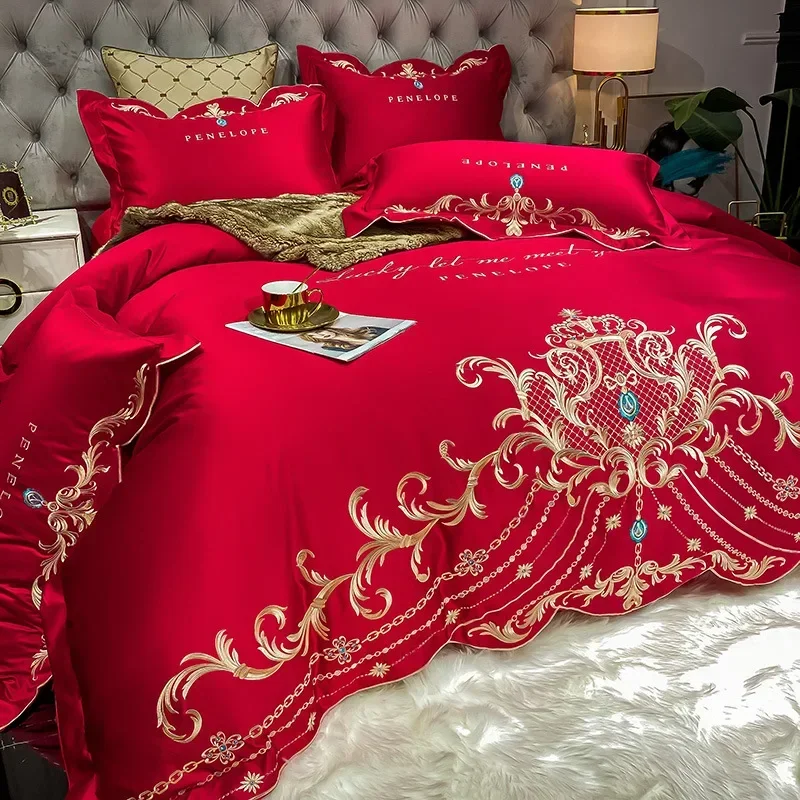 European-Style Bed Sheet Four-Piece Set 100 Cotton High-End Atmospheric Ice Silk Quilt Cover Pure Cotton Bedding 2